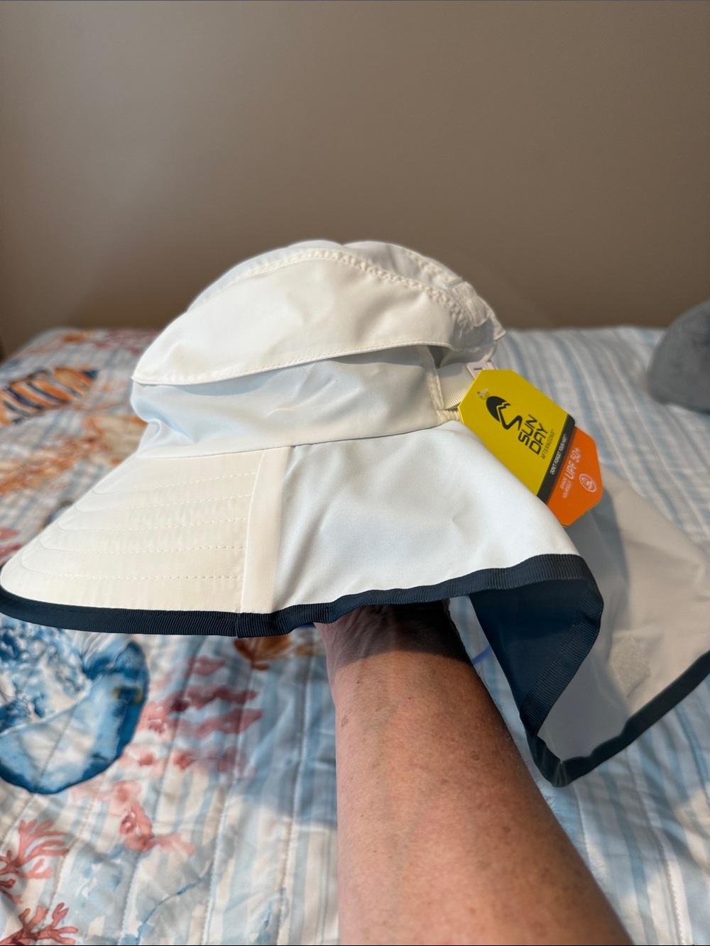 Women’s Sun Hat with Neck Flap — White with Navy Trim UPF 50+